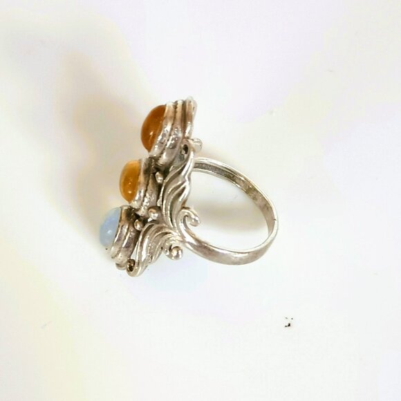 PTI 925 Triple Moonstone Ring 8.5 Sterling Silver Oblong Saddle Boho Ring - Picture 4 of 8